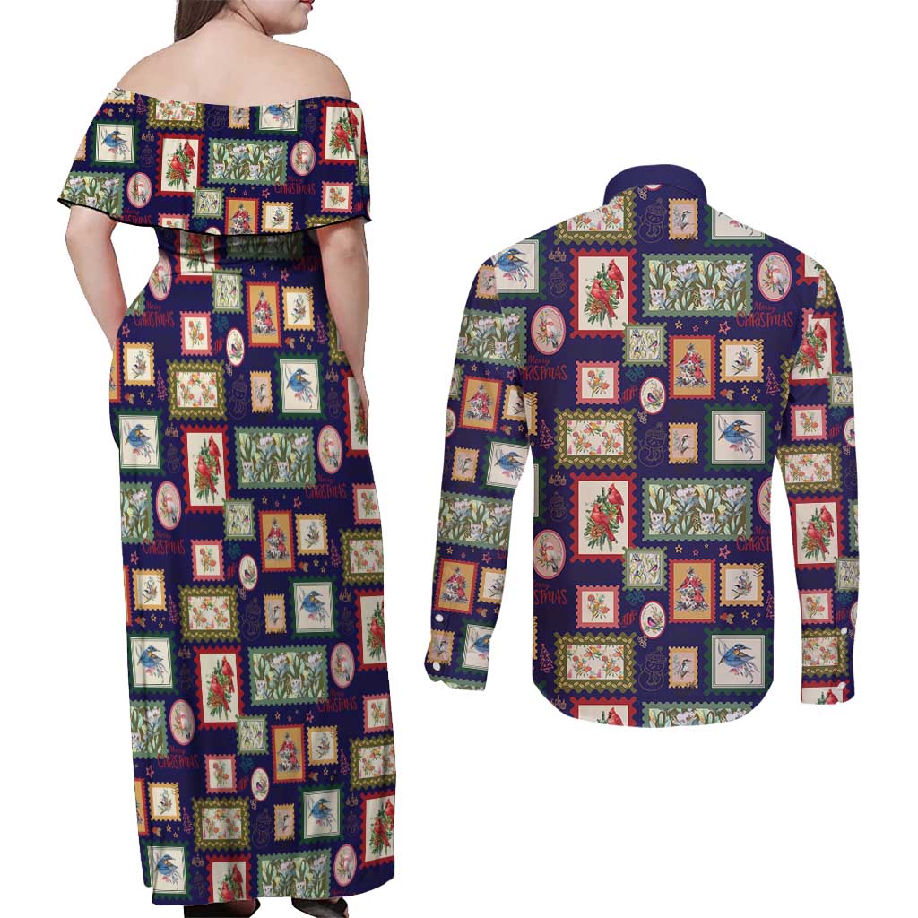 Aussie Birds Christmas La La Land Couples Matching Off Shoulder Maxi Dress and Long Sleeve Button Shirt Navy Blue Vintage Stamp Edition - Aussie Hoodie