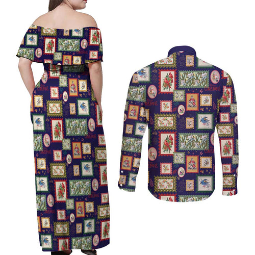 Aussie Birds Christmas La La Land Couples Matching Off Shoulder Maxi Dress and Long Sleeve Button Shirt Navy Blue Vintage Stamp Edition - Aussie Hoodie