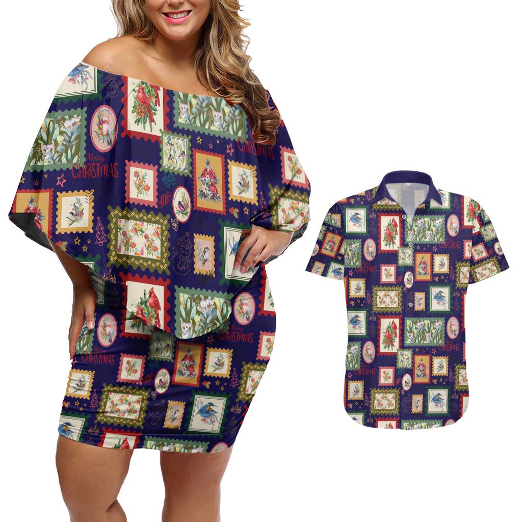 Aussie Birds Christmas La La Land Couples Matching Off Shoulder Short Dress and Hawaiian Shirt Navy Blue Vintage Stamp Edition - Aussie Hoodie