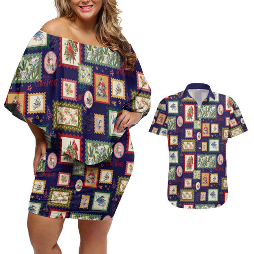 Aussie Birds Christmas La La Land Couples Matching Off Shoulder Short Dress and Hawaiian Shirt Navy Blue Vintage Stamp Edition - Aussie Hoodie