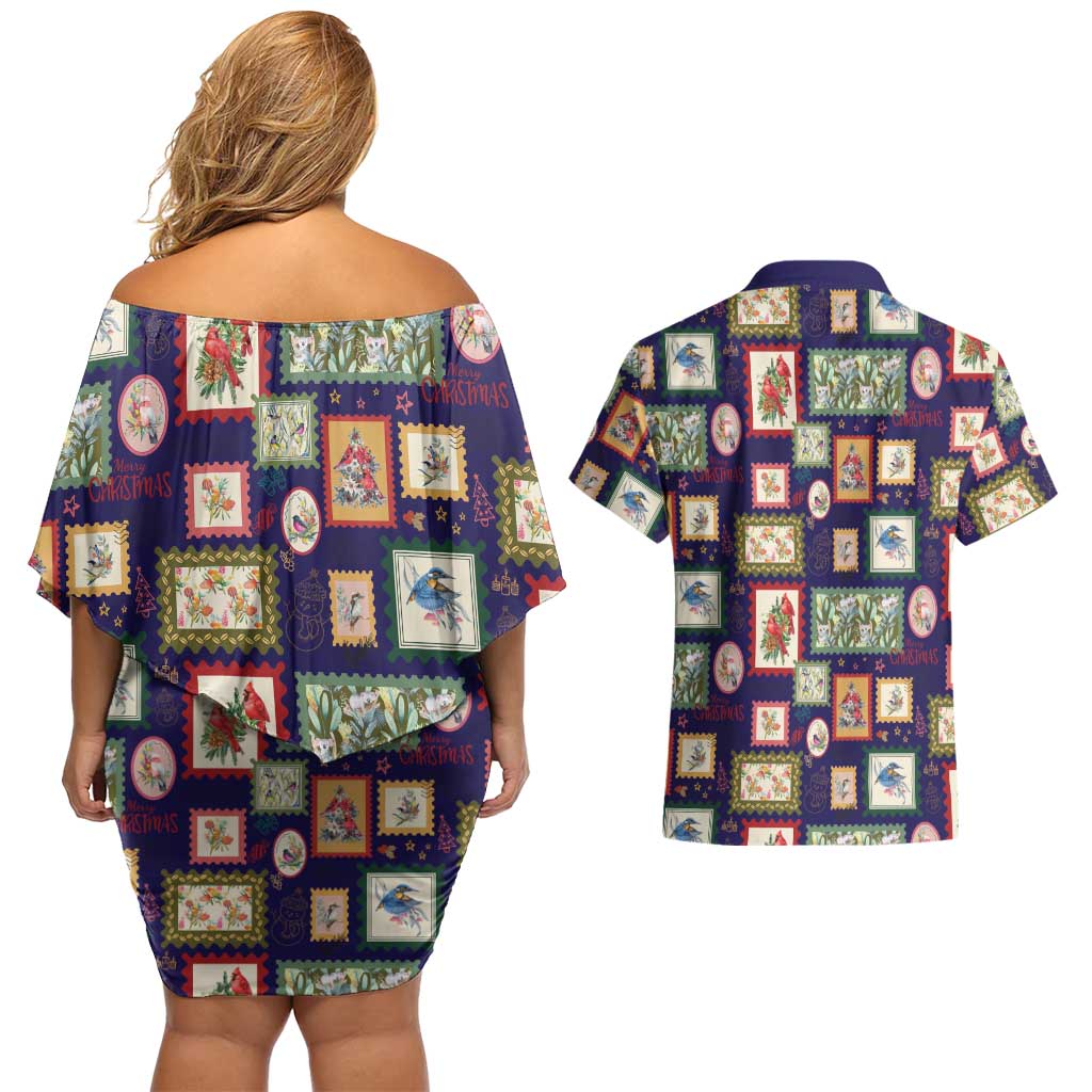 Aussie Birds Christmas La La Land Couples Matching Off Shoulder Short Dress and Hawaiian Shirt Navy Blue Vintage Stamp Edition - Aussie Hoodie