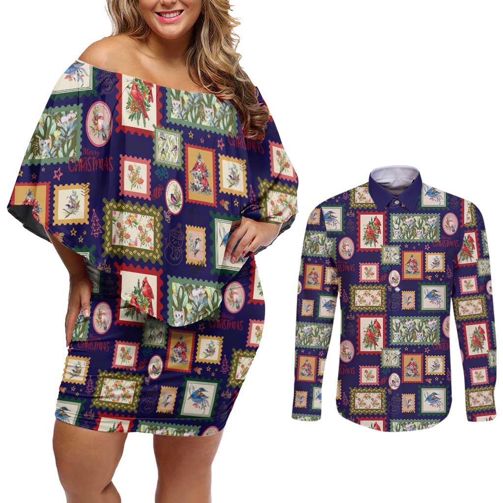 Aussie Birds Christmas La La Land Couples Matching Off Shoulder Short Dress and Long Sleeve Button Shirt Navy Blue Vintage Stamp Edition - Aussie Hoodie