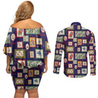 Aussie Birds Christmas La La Land Couples Matching Off Shoulder Short Dress and Long Sleeve Button Shirt Navy Blue Vintage Stamp Edition - Aussie Hoodie