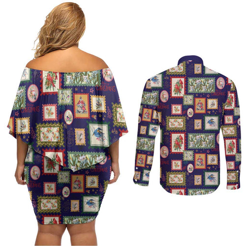 Aussie Birds Christmas La La Land Couples Matching Off Shoulder Short Dress and Long Sleeve Button Shirt Navy Blue Vintage Stamp Edition - Aussie Hoodie