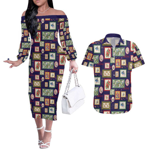 Aussie Birds Christmas La La Land Couples Matching Off The Shoulder Long Sleeve Dress and Hawaiian Shirt Navy Blue Vintage Stamp Edition - Aussie Hoodie