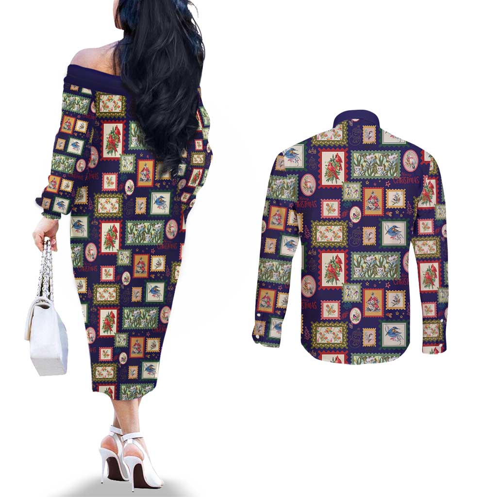 Aussie Birds Christmas La La Land Couples Matching Off The Shoulder Long Sleeve Dress and Long Sleeve Button Shirt Navy Blue Vintage Stamp Edition - Aussie Hoodie