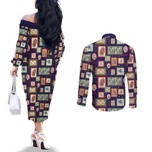 Aussie Birds Christmas La La Land Couples Matching Off The Shoulder Long Sleeve Dress and Long Sleeve Button Shirt Navy Blue Vintage Stamp Edition - Aussie Hoodie