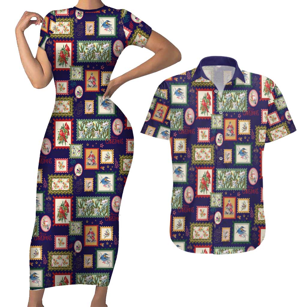 Aussie Birds Christmas La La Land Couples Matching Short Sleeve Bodycon Dress and Hawaiian Shirt Navy Blue Vintage Stamp Edition - Aussie Hoodie