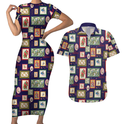Aussie Birds Christmas La La Land Couples Matching Short Sleeve Bodycon Dress and Hawaiian Shirt Navy Blue Vintage Stamp Edition - Aussie Hoodie