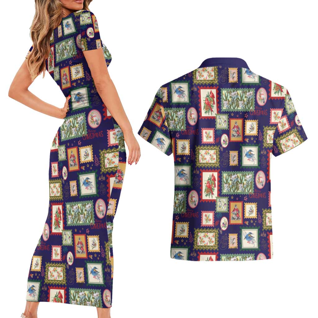 Aussie Birds Christmas La La Land Couples Matching Short Sleeve Bodycon Dress and Hawaiian Shirt Navy Blue Vintage Stamp Edition - Aussie Hoodie