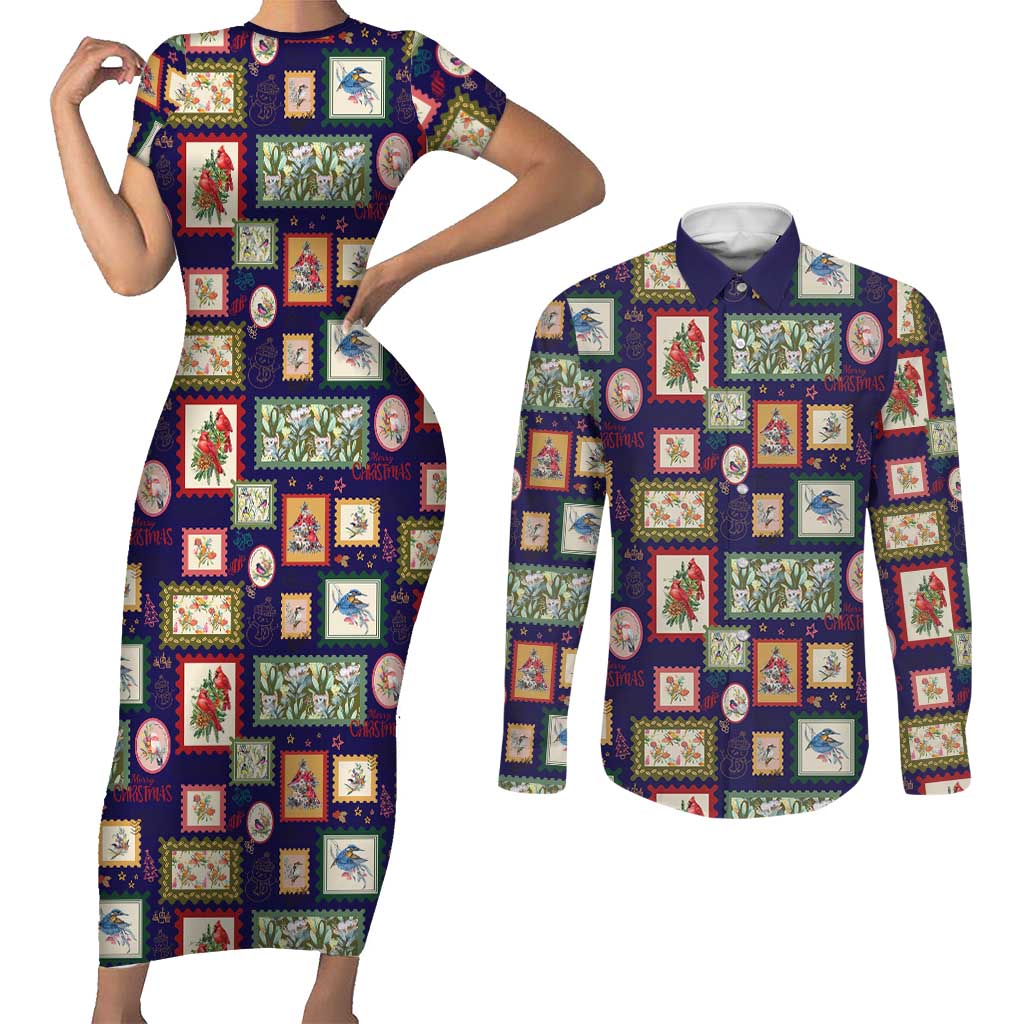 Aussie Birds Christmas La La Land Couples Matching Short Sleeve Bodycon Dress and Long Sleeve Button Shirt Navy Blue Vintage Stamp Edition - Aussie Hoodie