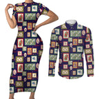 Aussie Birds Christmas La La Land Couples Matching Short Sleeve Bodycon Dress and Long Sleeve Button Shirt Navy Blue Vintage Stamp Edition - Aussie Hoodie