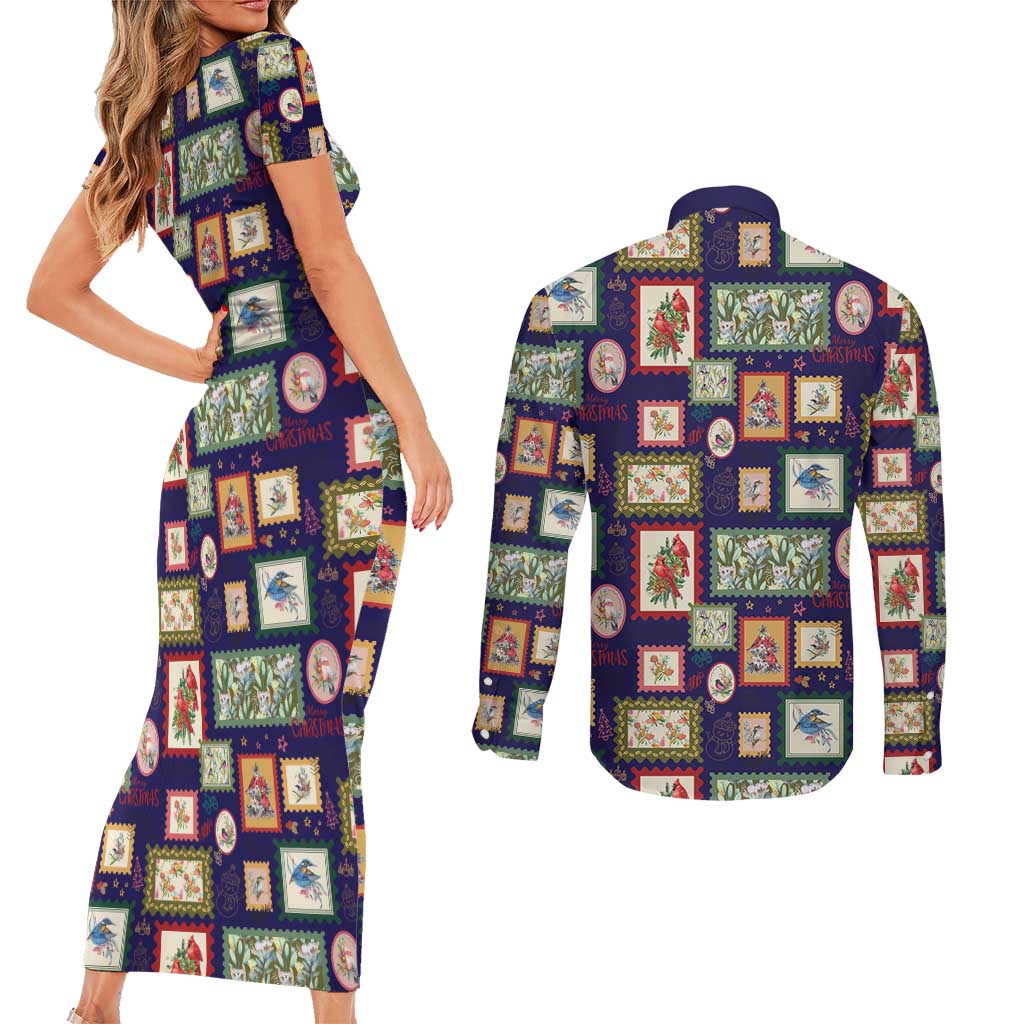 Aussie Birds Christmas La La Land Couples Matching Short Sleeve Bodycon Dress and Long Sleeve Button Shirt Navy Blue Vintage Stamp Edition - Aussie Hoodie