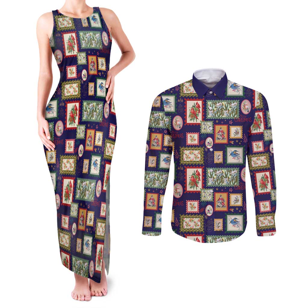 Aussie Birds Christmas La La Land Couples Matching Tank Maxi Dress and Long Sleeve Button Shirt Navy Blue Vintage Stamp Edition - Aussie Hoodie