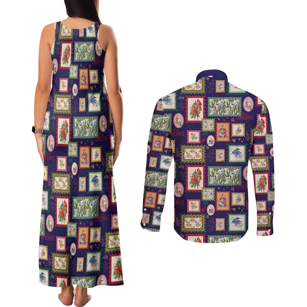 Aussie Birds Christmas La La Land Couples Matching Tank Maxi Dress and Long Sleeve Button Shirt Navy Blue Vintage Stamp Edition - Aussie Hoodie