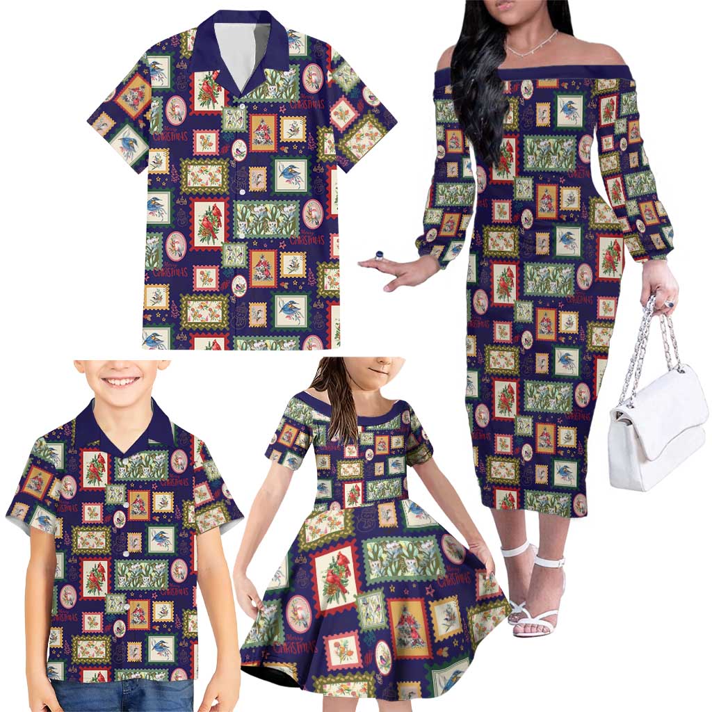 Aussie Birds Christmas La La Land Family Matching Off The Shoulder Long Sleeve Dress and Hawaiian Shirt Navy Blue Vintage Stamp Edition - Aussie Hoodie
