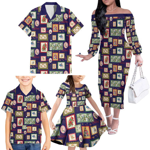 Aussie Birds Christmas La La Land Family Matching Off The Shoulder Long Sleeve Dress and Hawaiian Shirt Navy Blue Vintage Stamp Edition - Aussie Hoodie