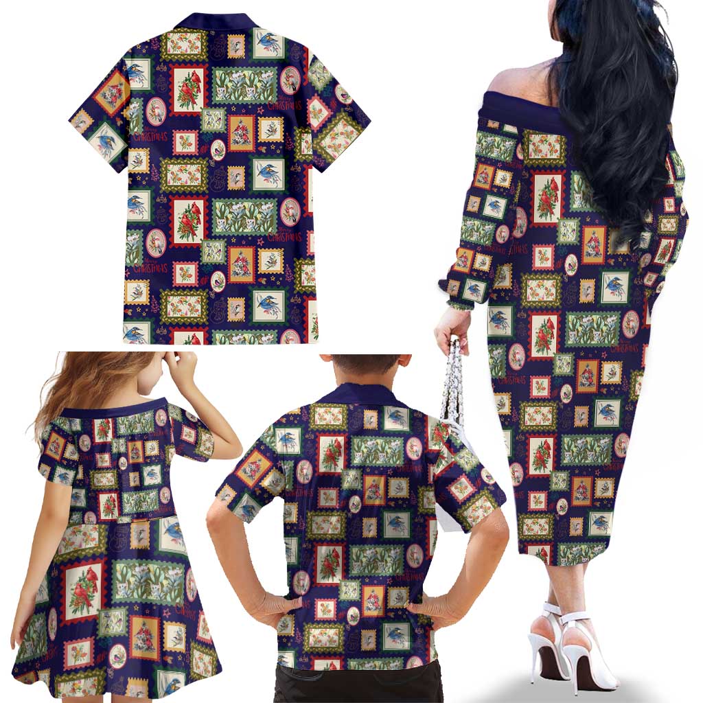 Aussie Birds Christmas La La Land Family Matching Off The Shoulder Long Sleeve Dress and Hawaiian Shirt Navy Blue Vintage Stamp Edition - Aussie Hoodie