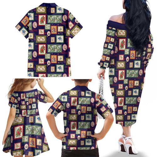 Aussie Birds Christmas La La Land Family Matching Off The Shoulder Long Sleeve Dress and Hawaiian Shirt Navy Blue Vintage Stamp Edition - Aussie Hoodie