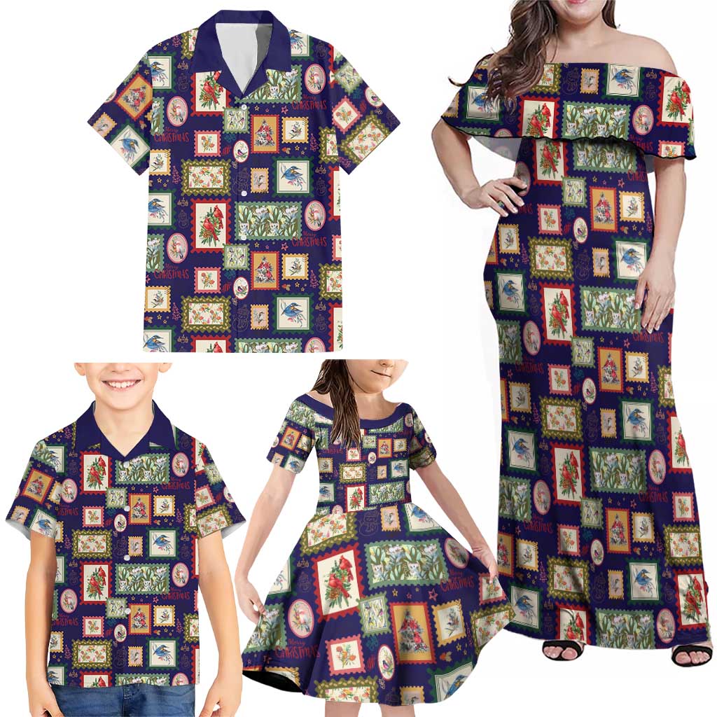 Aussie Birds Christmas La La Land Family Matching Off Shoulder Maxi Dress and Hawaiian Shirt Navy Blue Vintage Stamp Edition - Aussie Hoodie