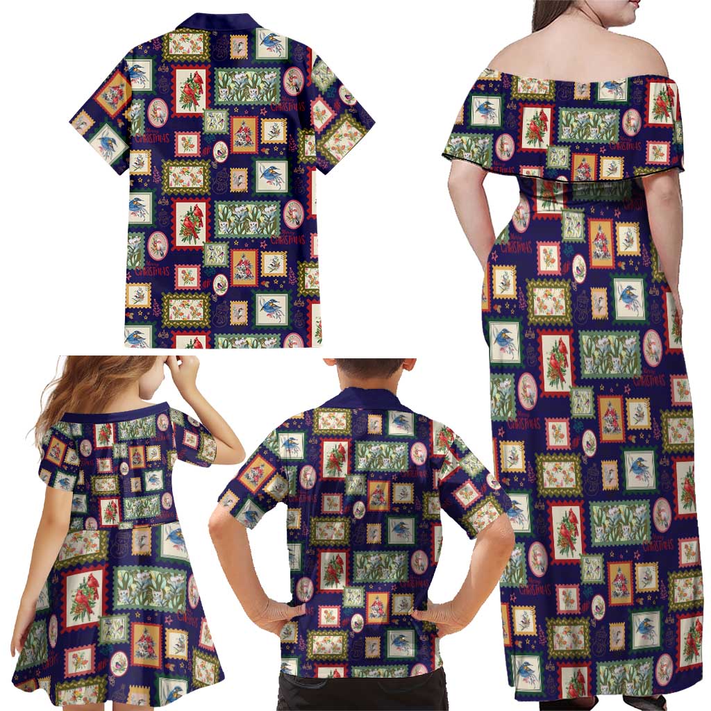 Aussie Birds Christmas La La Land Family Matching Off Shoulder Maxi Dress and Hawaiian Shirt Navy Blue Vintage Stamp Edition - Aussie Hoodie