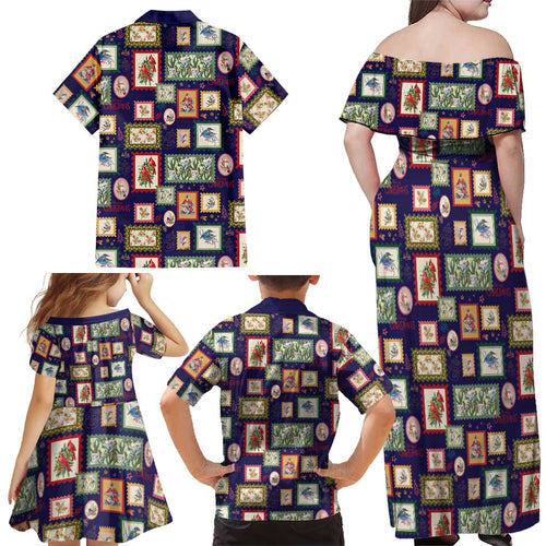 Aussie Birds Christmas La La Land Family Matching Off Shoulder Maxi Dress and Hawaiian Shirt Navy Blue Vintage Stamp Edition - Aussie Hoodie