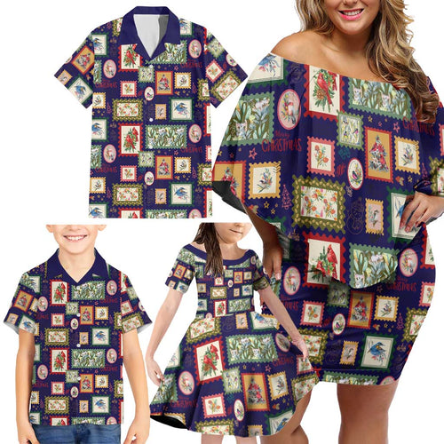 Aussie Birds Christmas La La Land Family Matching Off Shoulder Short Dress and Hawaiian Shirt Navy Blue Vintage Stamp Edition - Aussie Hoodie