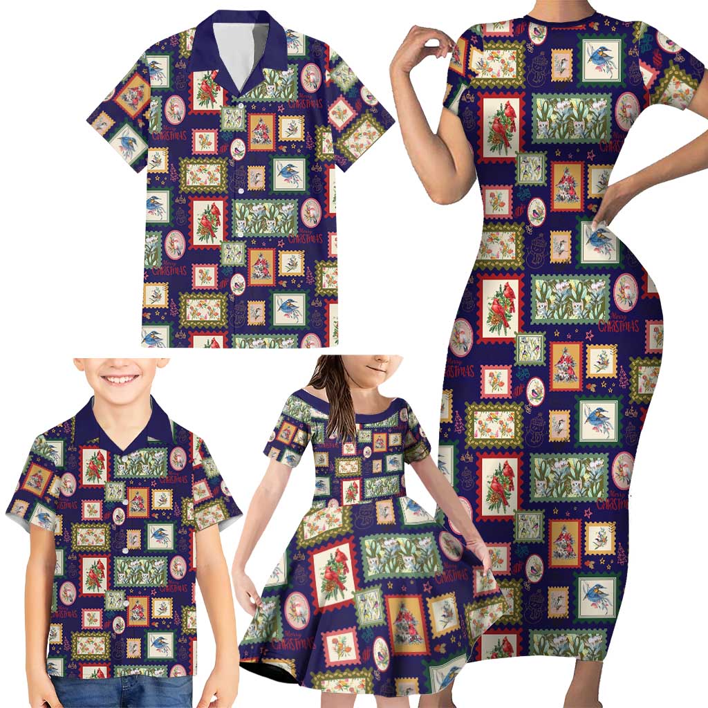 Aussie Birds Christmas La La Land Family Matching Short Sleeve Bodycon Dress and Hawaiian Shirt Navy Blue Vintage Stamp Edition - Aussie Hoodie