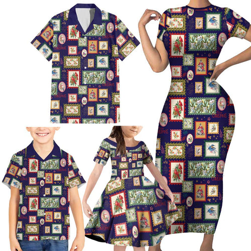 Aussie Birds Christmas La La Land Family Matching Short Sleeve Bodycon Dress and Hawaiian Shirt Navy Blue Vintage Stamp Edition - Aussie Hoodie