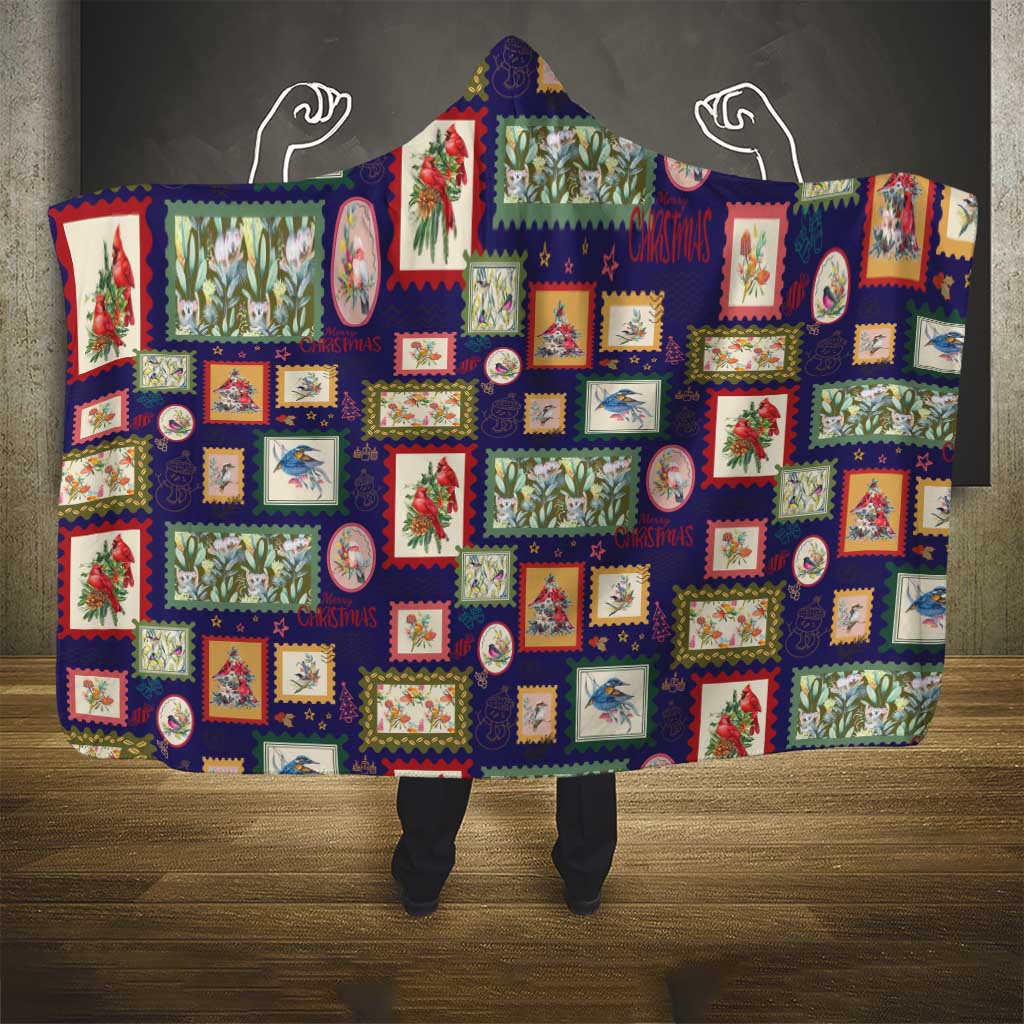 Aussie Birds Christmas La La Land Hooded Blanket Navy Blue Vintage Stamp Edition - Aussie Hoodie