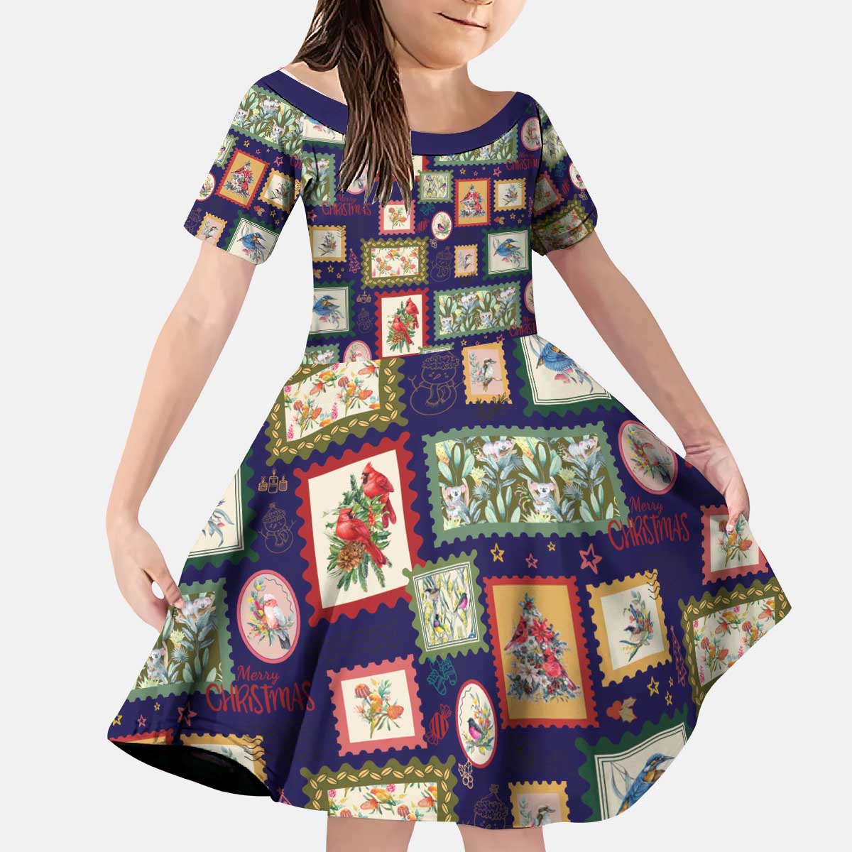 Aussie Birds Christmas La La Land Kid Short Sleeve Dress Navy Blue Vintage Stamp Edition - Aussie Hoodie