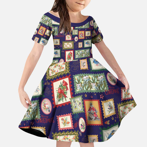 Aussie Birds Christmas La La Land Kid Short Sleeve Dress Navy Blue Vintage Stamp Edition - Aussie Hoodie