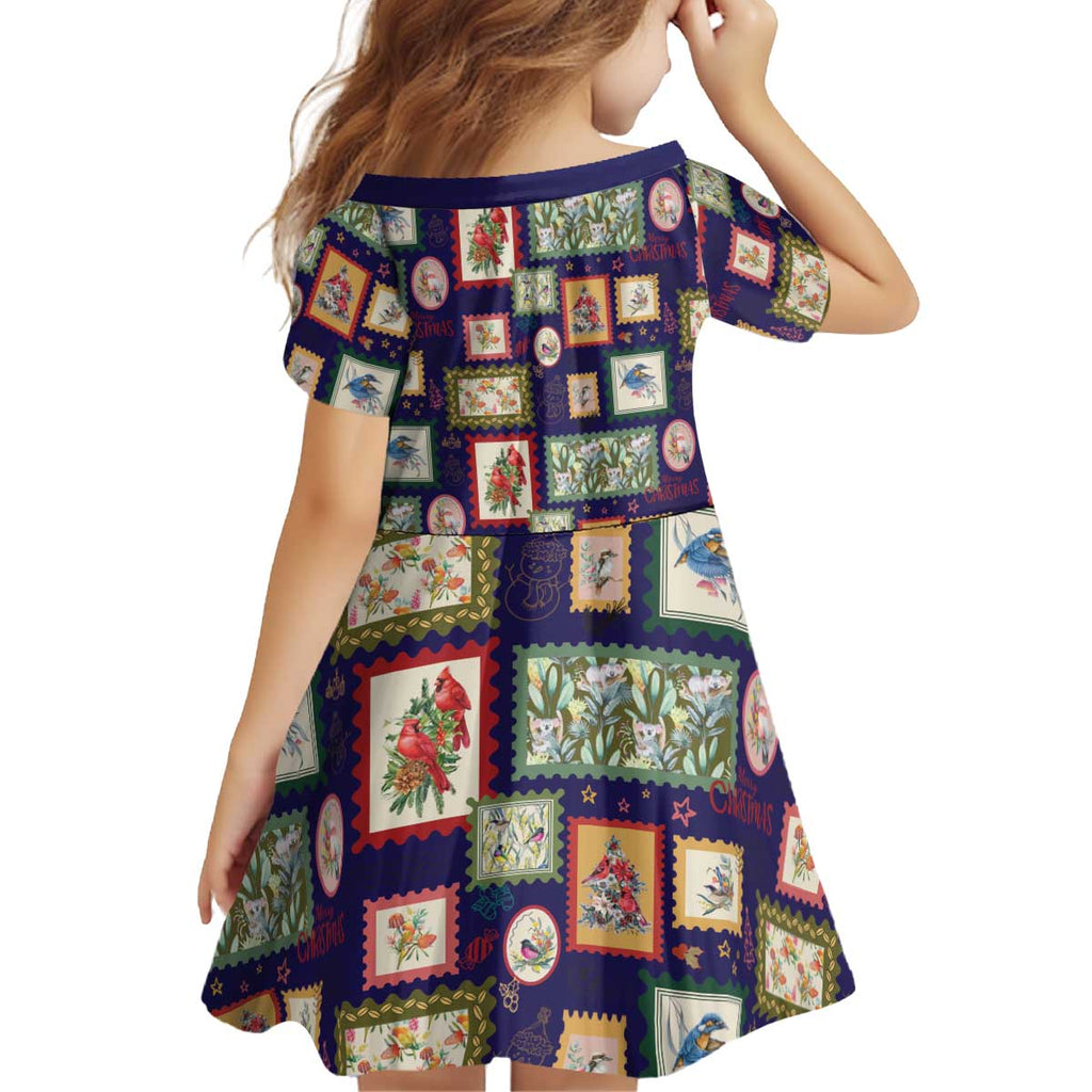 Aussie Birds Christmas La La Land Kid Short Sleeve Dress Navy Blue Vintage Stamp Edition - Aussie Hoodie