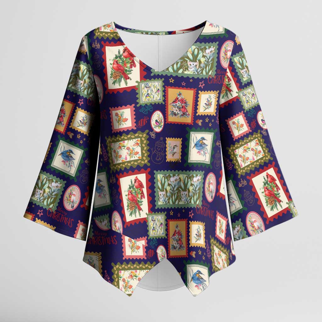 Aussie Birds Christmas La La Land Kimono Sleeve Blouse Navy Blue Vintage Stamp Edition - Aussie Hoodie