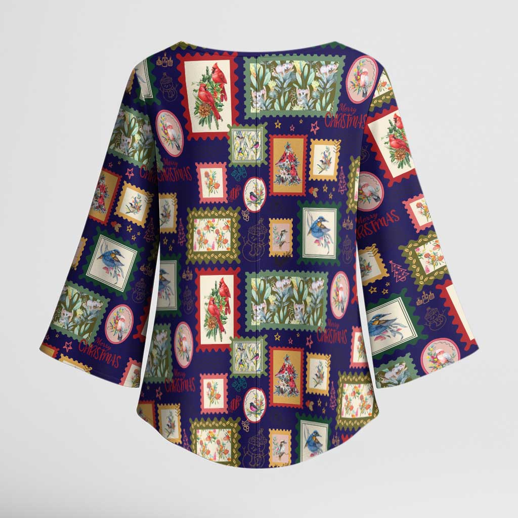 Aussie Birds Christmas La La Land Kimono Sleeve Blouse Navy Blue Vintage Stamp Edition - Aussie Hoodie