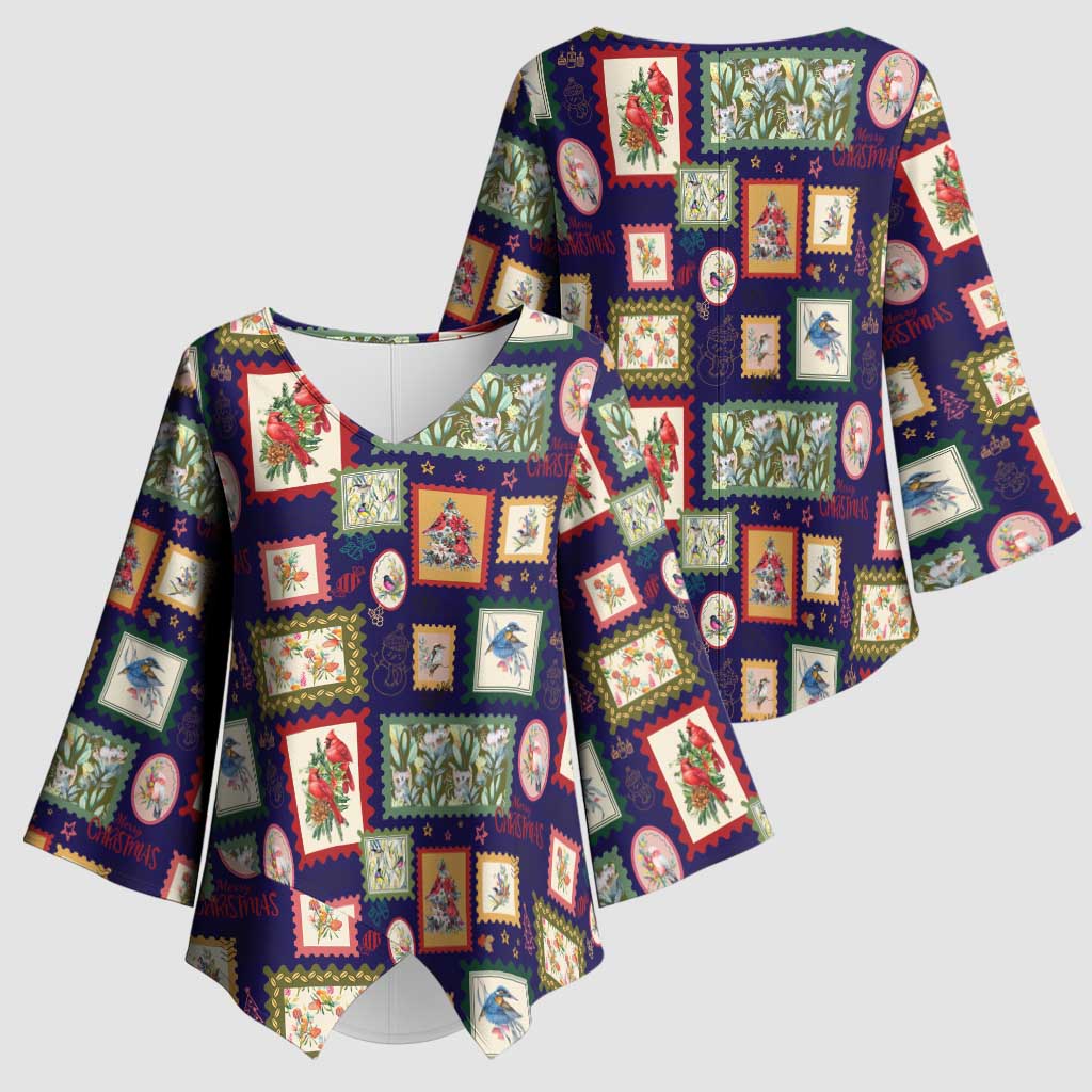 Aussie Birds Christmas La La Land Kimono Sleeve Blouse Navy Blue Vintage Stamp Edition - Aussie Hoodie