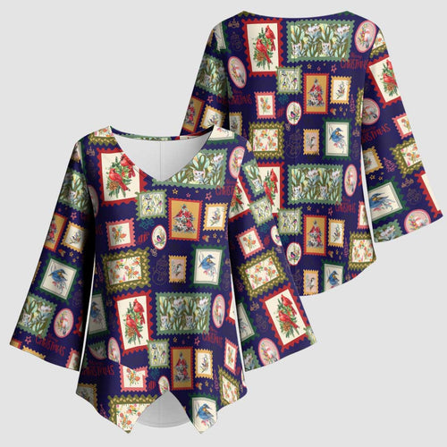 Aussie Birds Christmas La La Land Kimono Sleeve Blouse Navy Blue Vintage Stamp Edition - Aussie Hoodie