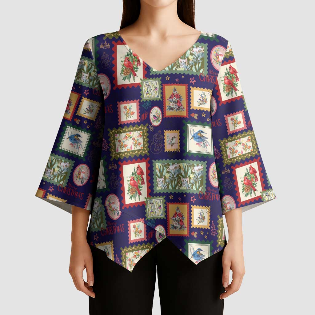 Aussie Birds Christmas La La Land Kimono Sleeve Blouse Navy Blue Vintage Stamp Edition - Aussie Hoodie