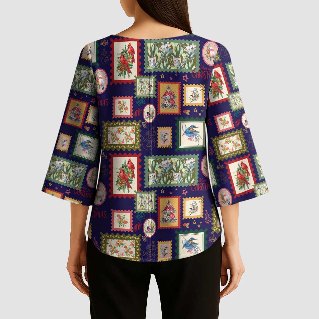 Aussie Birds Christmas La La Land Kimono Sleeve Blouse Navy Blue Vintage Stamp Edition - Aussie Hoodie