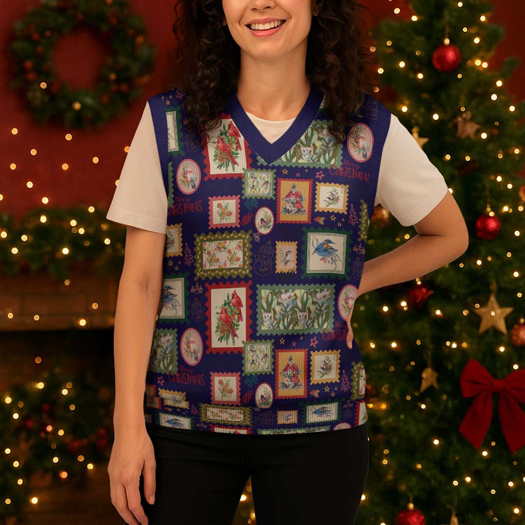 Aussie Birds Christmas La La Land Christmas Knitted V-Neck Vest Navy Blue Vintage Stamp Edition - Aussie Hoodie