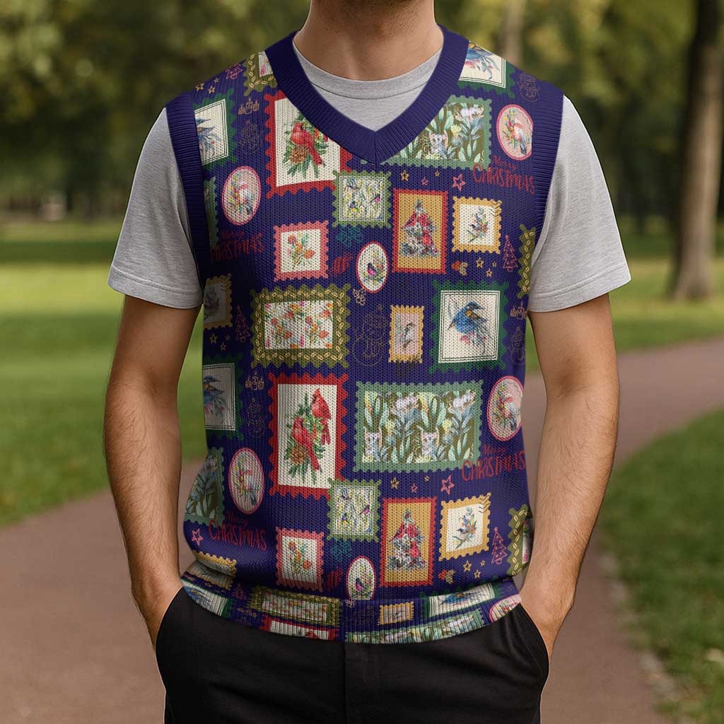 Aussie Birds Christmas La La Land Christmas Knitted V-Neck Vest Navy Blue Vintage Stamp Edition - Aussie Hoodie