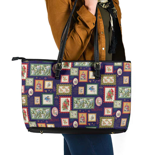 Aussie Birds Christmas La La Land Leather Tote Bag Navy Blue Vintage Stamp Edition - Aussie Hoodie