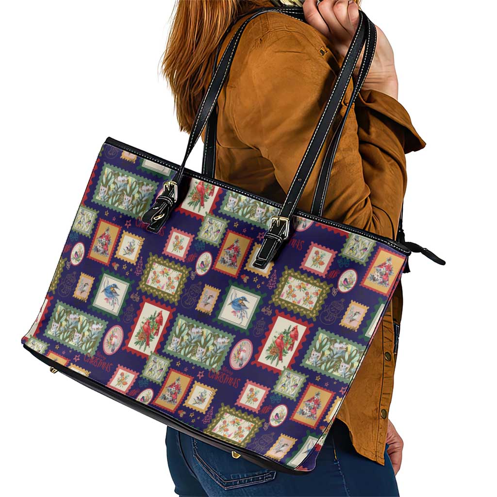 Aussie Birds Christmas La La Land Leather Tote Bag Navy Blue Vintage Stamp Edition - Aussie Hoodie