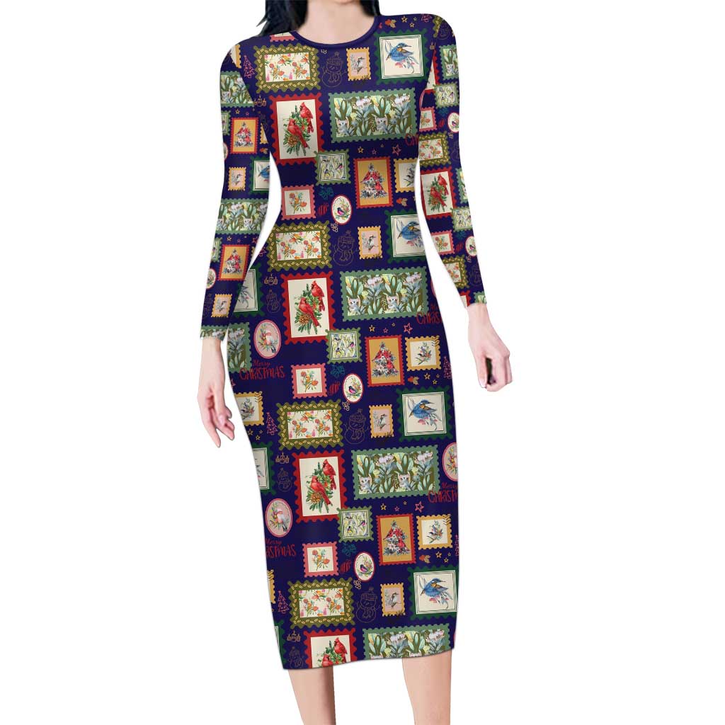 Aussie Birds Christmas La La Land Long Sleeve Bodycon Dress Navy Blue Vintage Stamp Edition - Aussie Hoodie