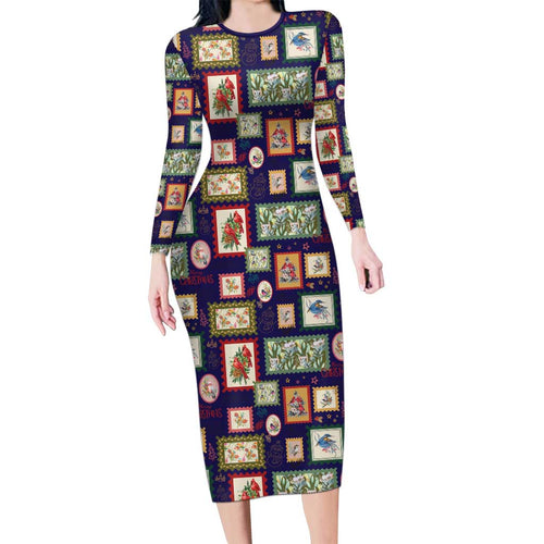 Aussie Birds Christmas La La Land Long Sleeve Bodycon Dress Navy Blue Vintage Stamp Edition - Aussie Hoodie