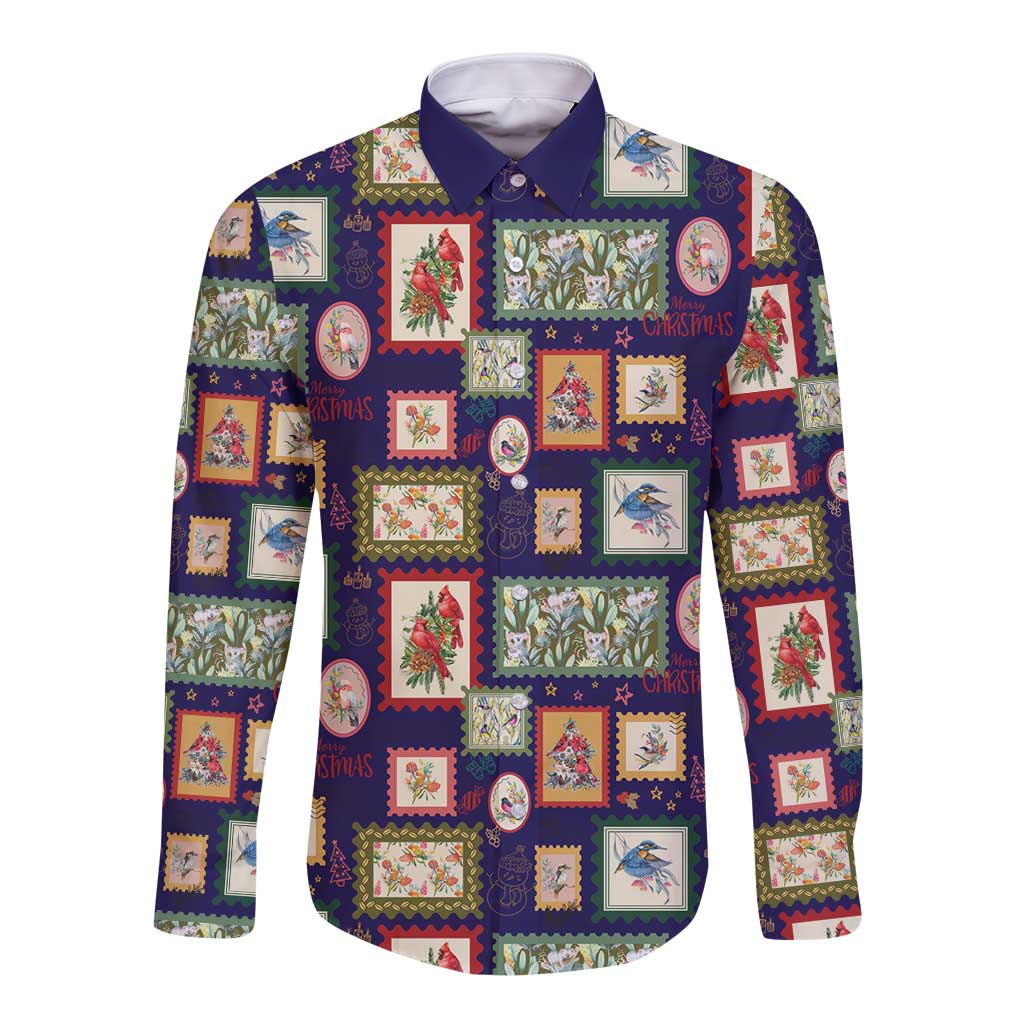 Aussie Birds Christmas La La Land Long Sleeve Button Shirt Navy Blue Vintage Stamp Edition - Aussie Hoodie