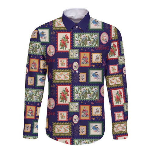 Aussie Birds Christmas La La Land Long Sleeve Button Shirt Navy Blue Vintage Stamp Edition - Aussie Hoodie
