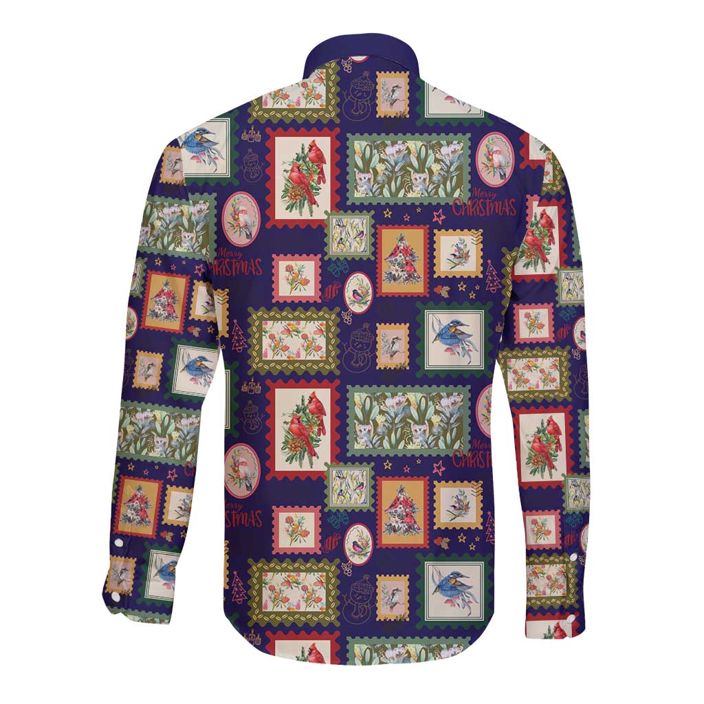 Aussie Birds Christmas La La Land Long Sleeve Button Shirt Navy Blue Vintage Stamp Edition - Aussie Hoodie