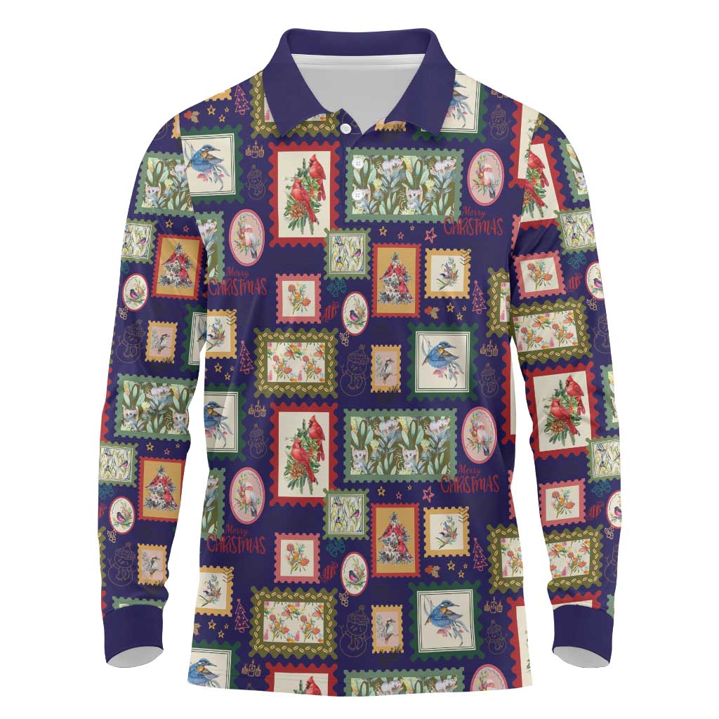 Aussie Birds Christmas La La Land Long Sleeve Polo Shirt Navy Blue Vintage Stamp Edition - Aussie Hoodie