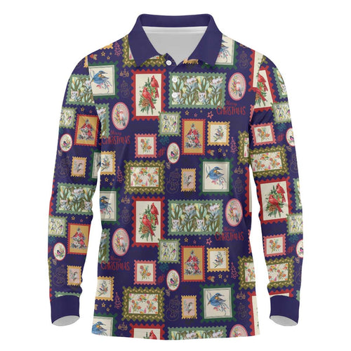 Aussie Birds Christmas La La Land Long Sleeve Polo Shirt Navy Blue Vintage Stamp Edition - Aussie Hoodie